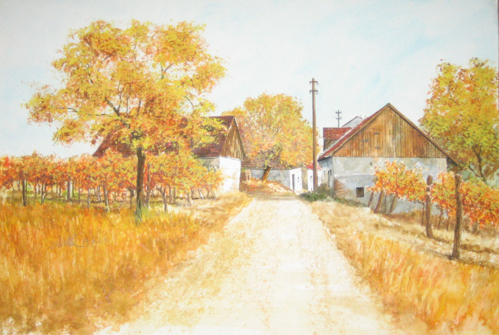 Aquarellmalerei mit spätsommerlicher Landschaft